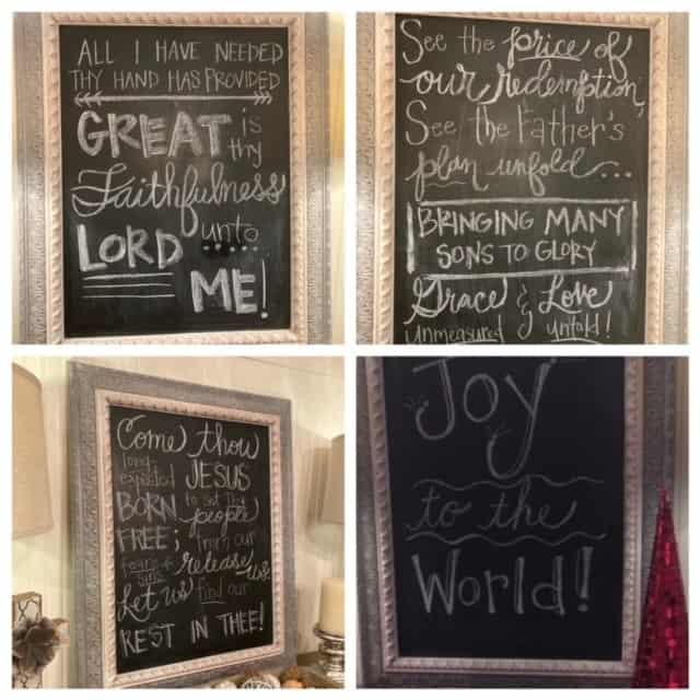4 chalkboards with "Great is Thy Faithfulness" and other verses and hymns