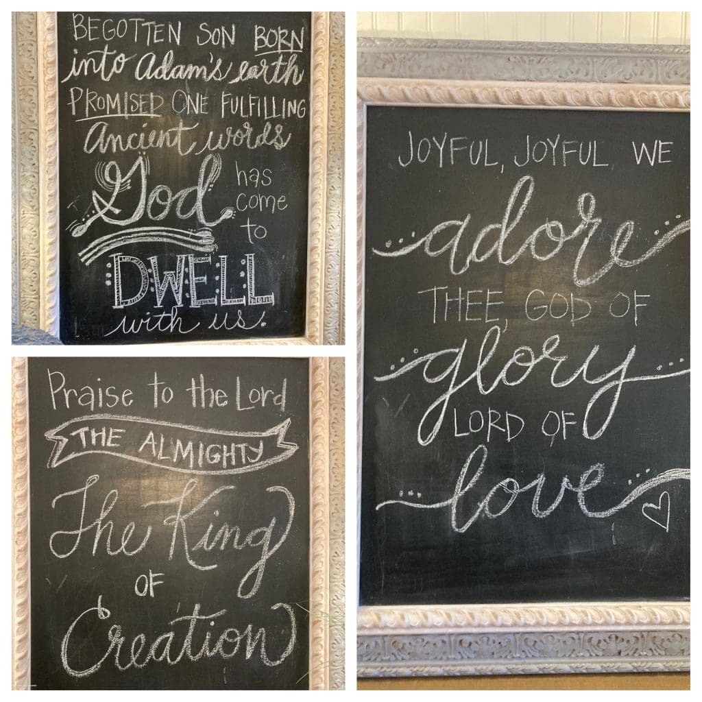 3 hand-lettered chalkboards with scripture and hymns