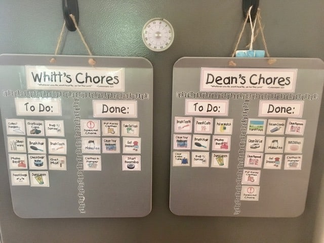 2 Magnetic Chore Chart hanging on fridge