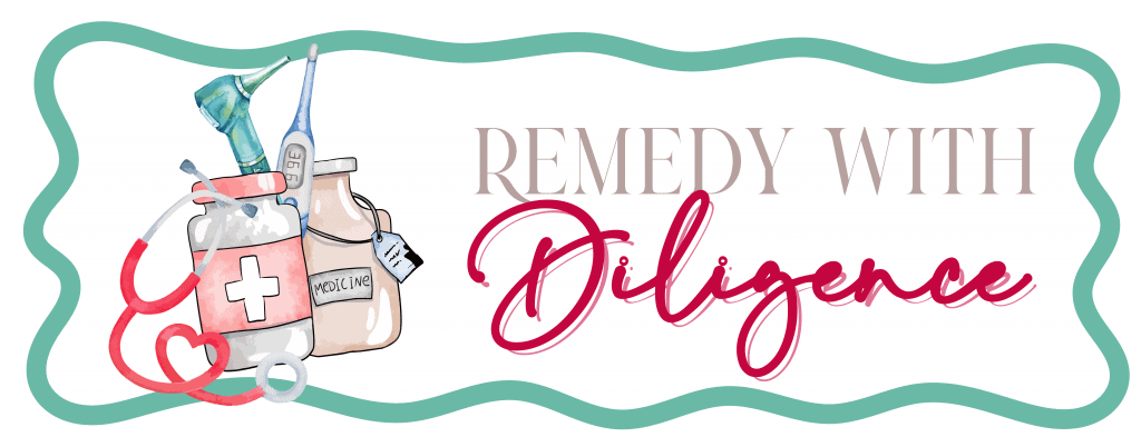 remedy with diligence label with medicine and thermometer