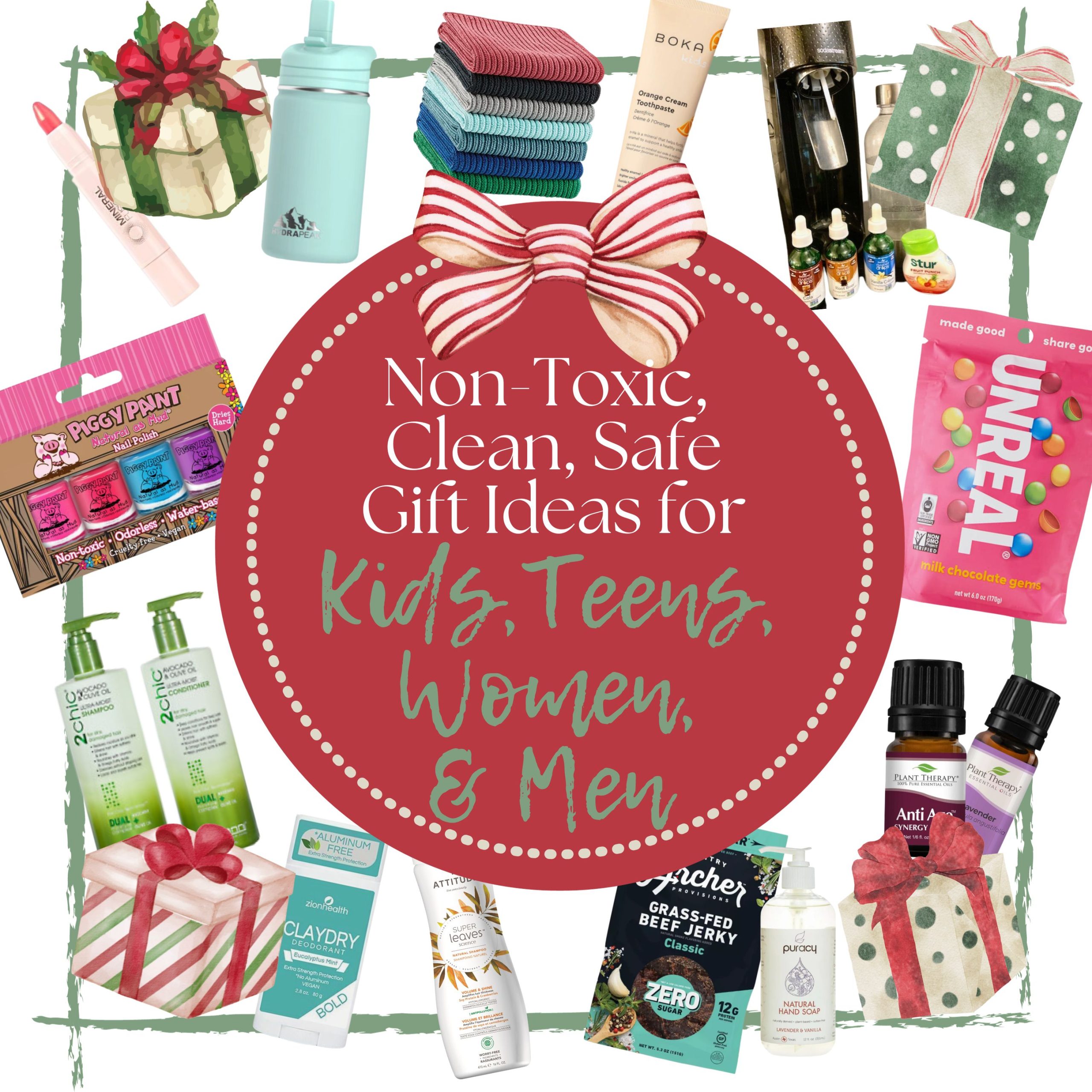 Non-toxic Christmas stocking stuffer products surrounded by christmas gift boxes