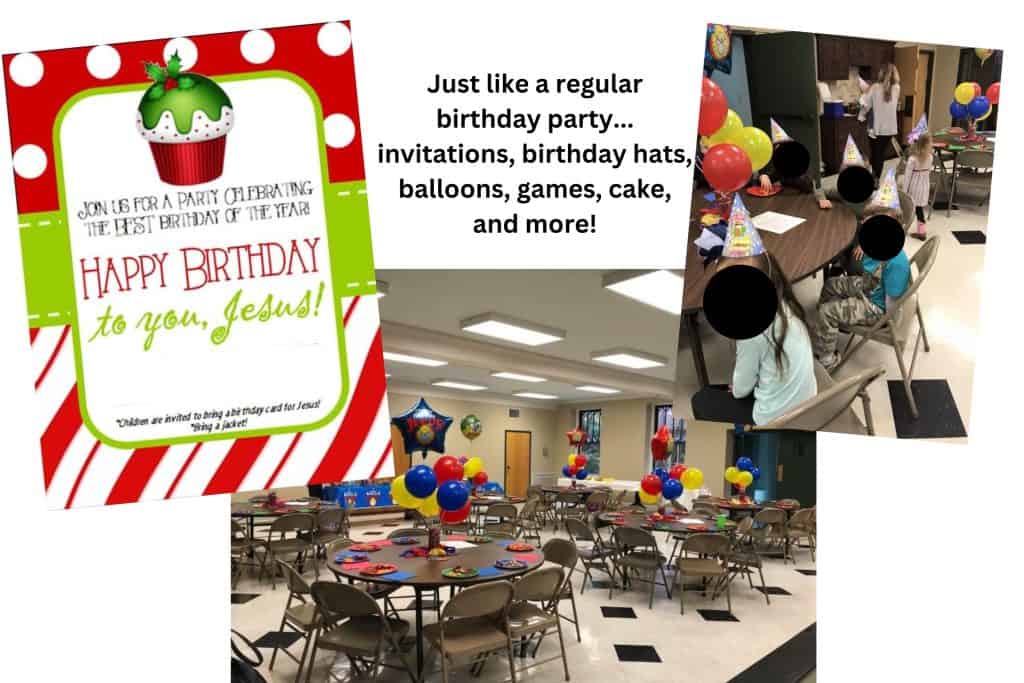 Happy Birthday Jesus party invitation, balloons, party hats
