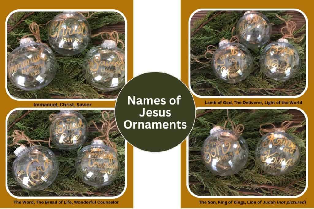 clean ornaments with gold writing featuring 12 names for jesus