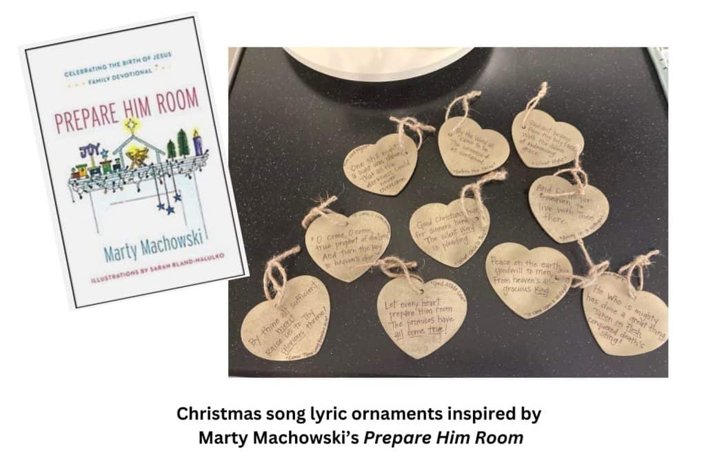 heart shaped ornaments with lyrics from Christmas carols and Prepare Him Room book