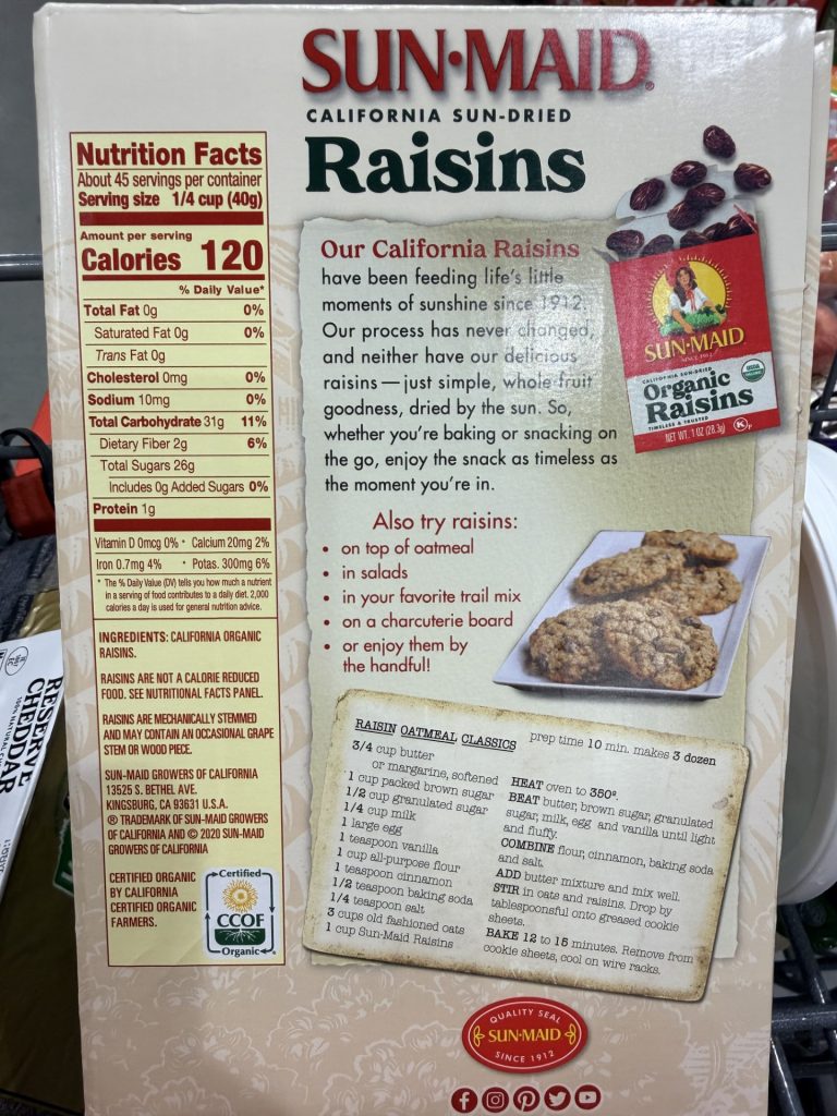 sunmaid raisins nutrient panel