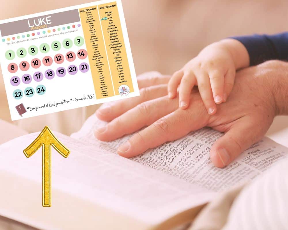 adult hand on bible with child's hand on top with a bible reading plan in corner