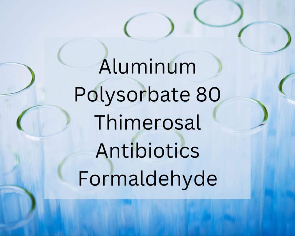 test tubes with words aluminum, polysorbate 80, thimerosal, antibiotics, formaldehyde on top