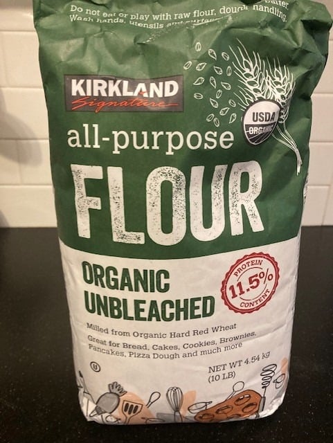 front of kirklands organic flour bag
