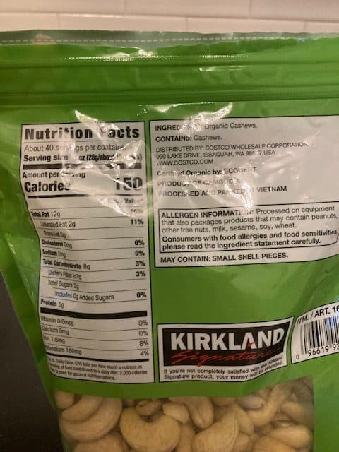 cashews ingredients label