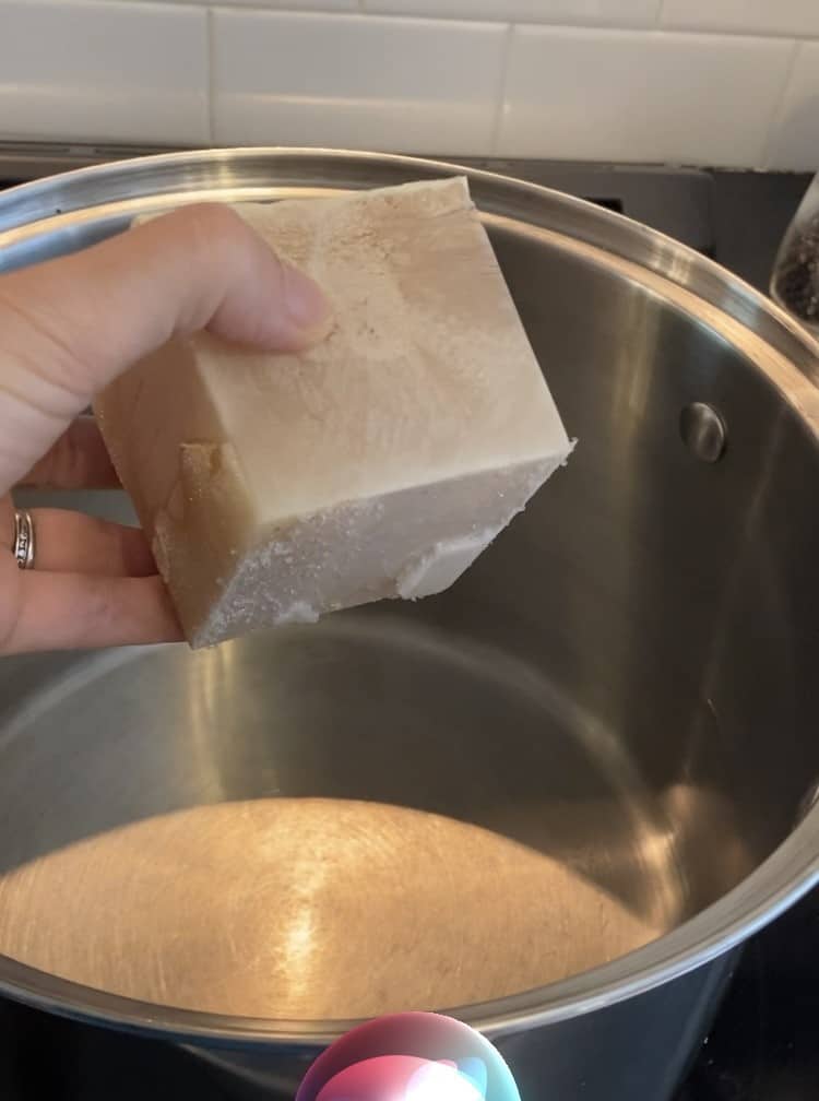 frozen block of broth and a pot