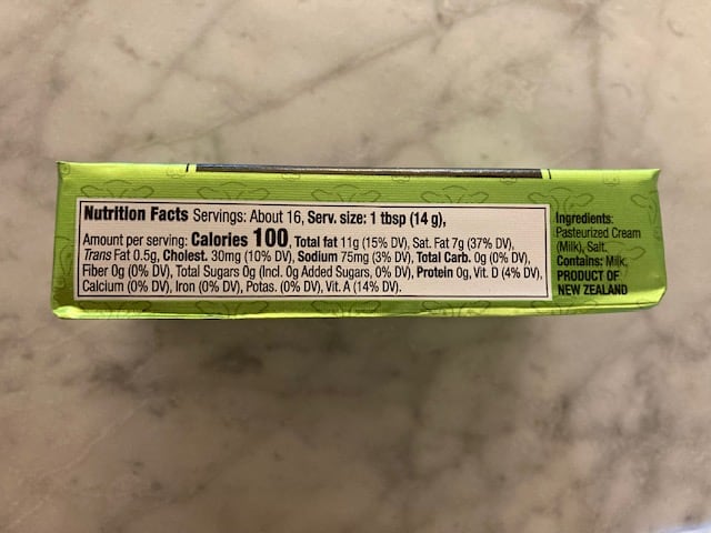 Kirkland Grass Fed Butter ingredients label