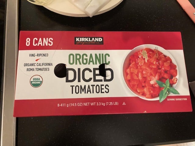 l=kirkland diced tomatoes front of box