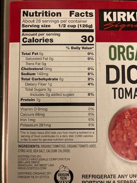 kirkland diced tomatoes ingredients label