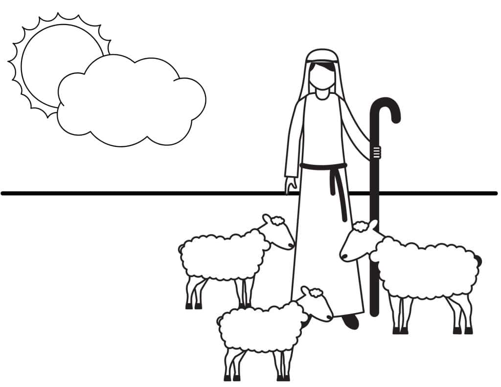color sheet of shepherd and pasture of sheep
