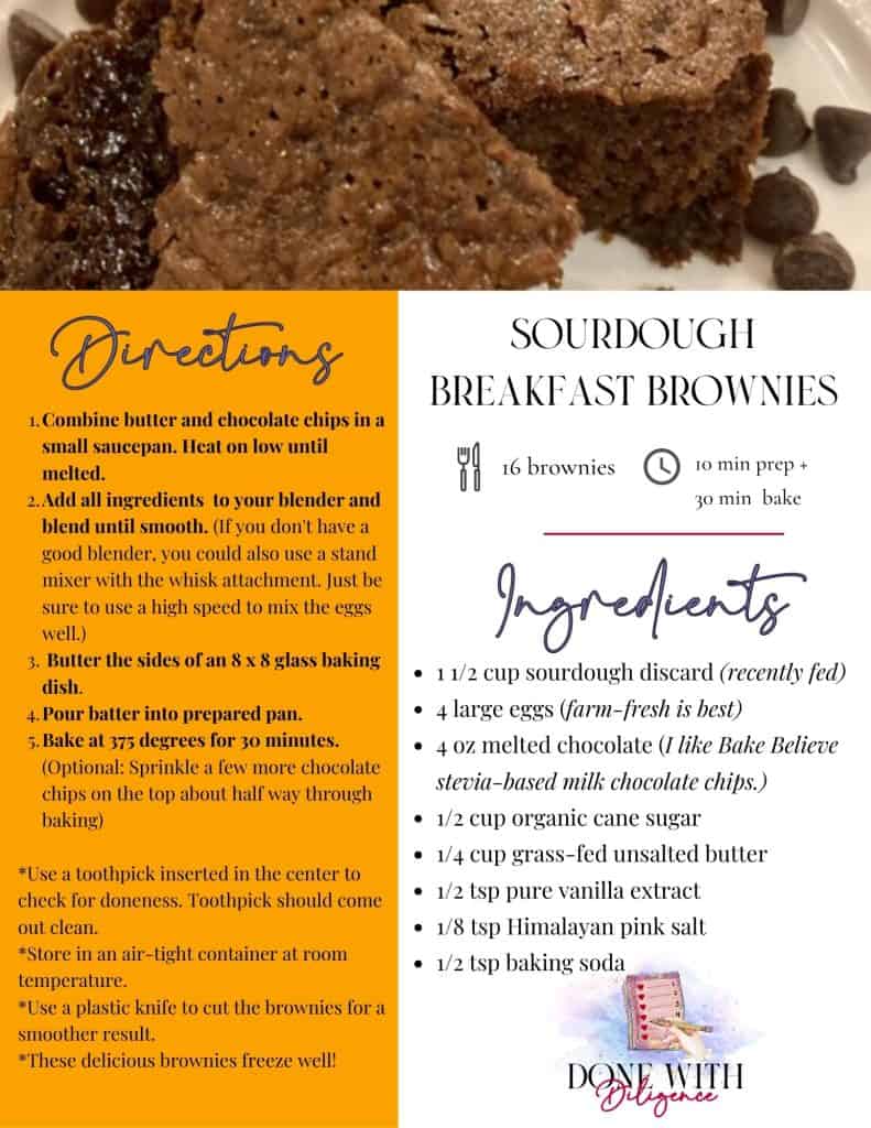 recipe binder page for sourdough breakfast brownies