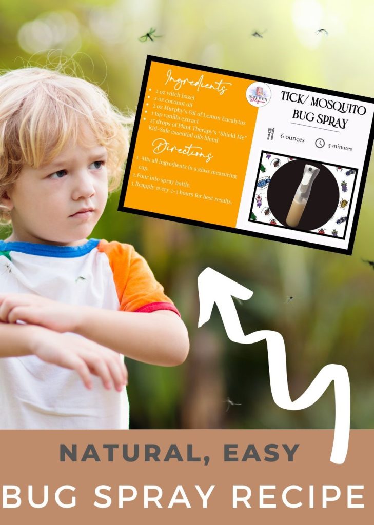 Bug Spray Post Teaser with boy scratching bug bite and recipe card