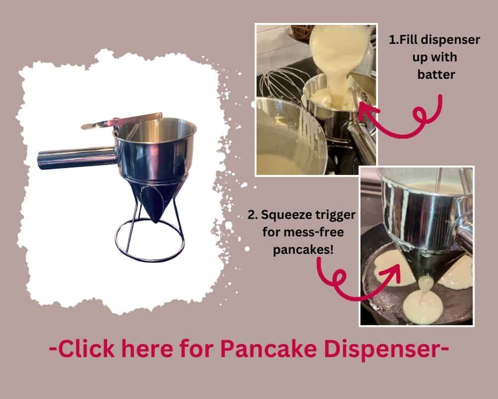 graphic showing steps to using a pancake batter dispenser