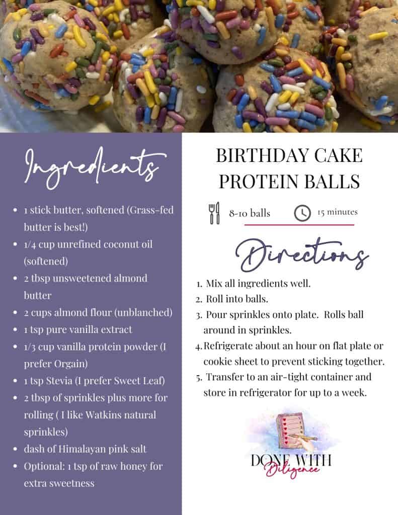 recipe card for birthday cake protein balls