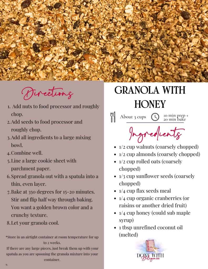 Binder sheet with granola recipe