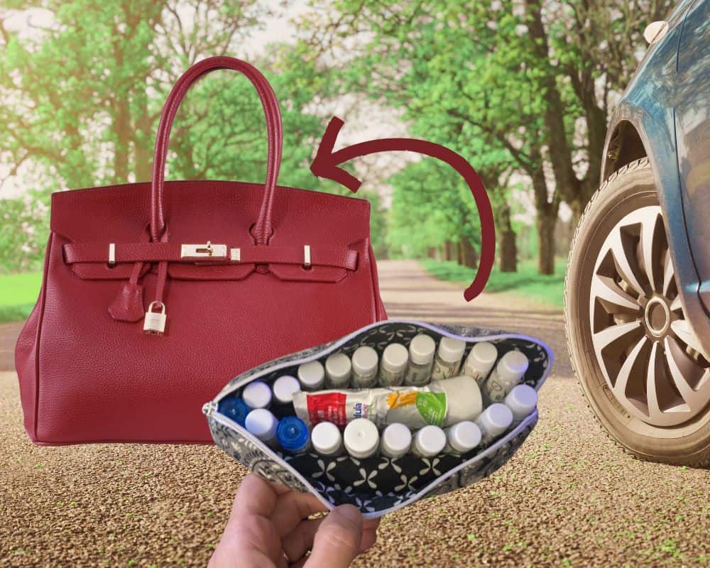 purse and homeopathy kit on road