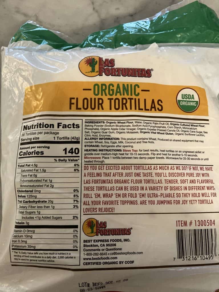 Las Fortunita's Organic Flour Tortillas nutrition panel