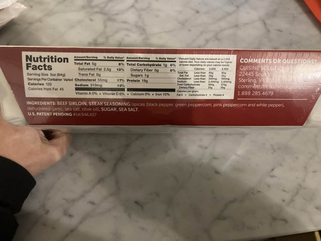 Sliced Grass-Fed Sirloin from Costco nutrition panel