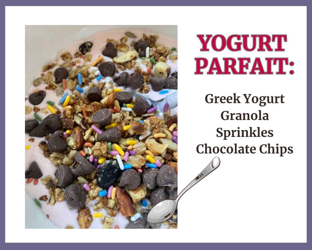 yogurt parfait with granola, sprinkles, chocolate chips