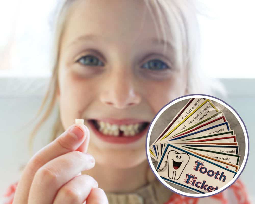 child holding lost tooth and a stack of Tooth Tickets