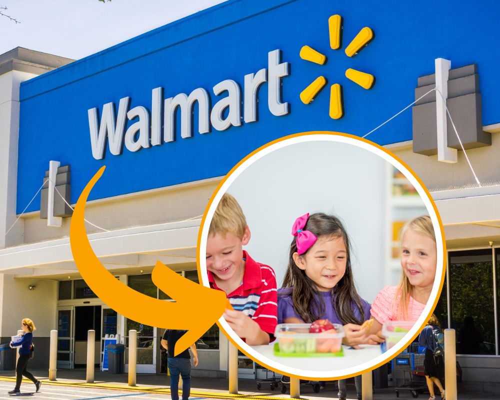 walmart building with kids snacking in front