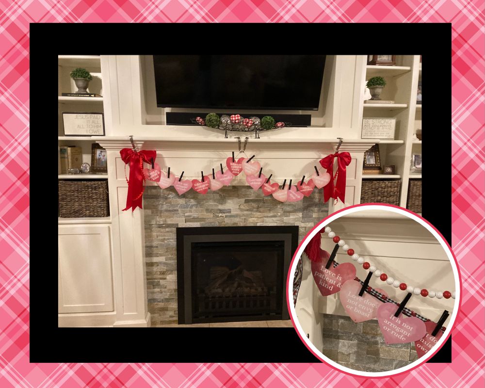 heart garland strung on mantle