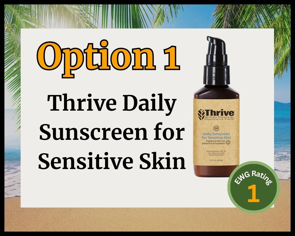 bottle of Thrive sunscreen on beach