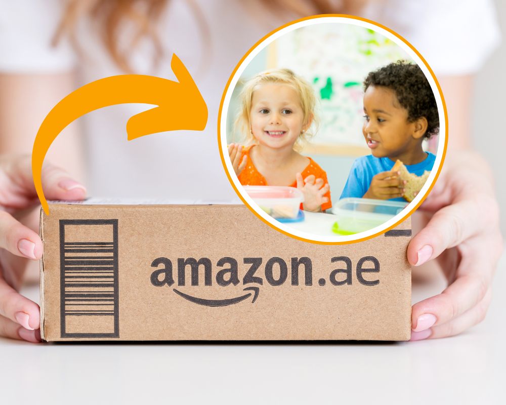 amazon box with kids snacking