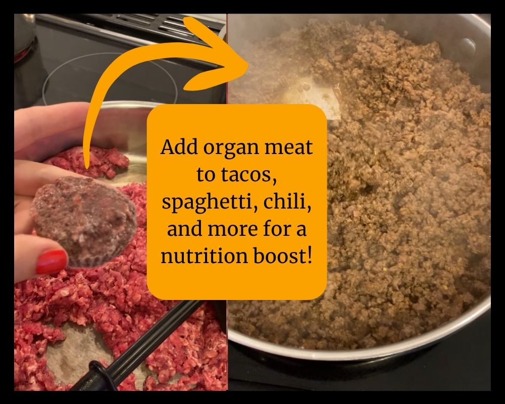 organ meat cube and pan of taco meat